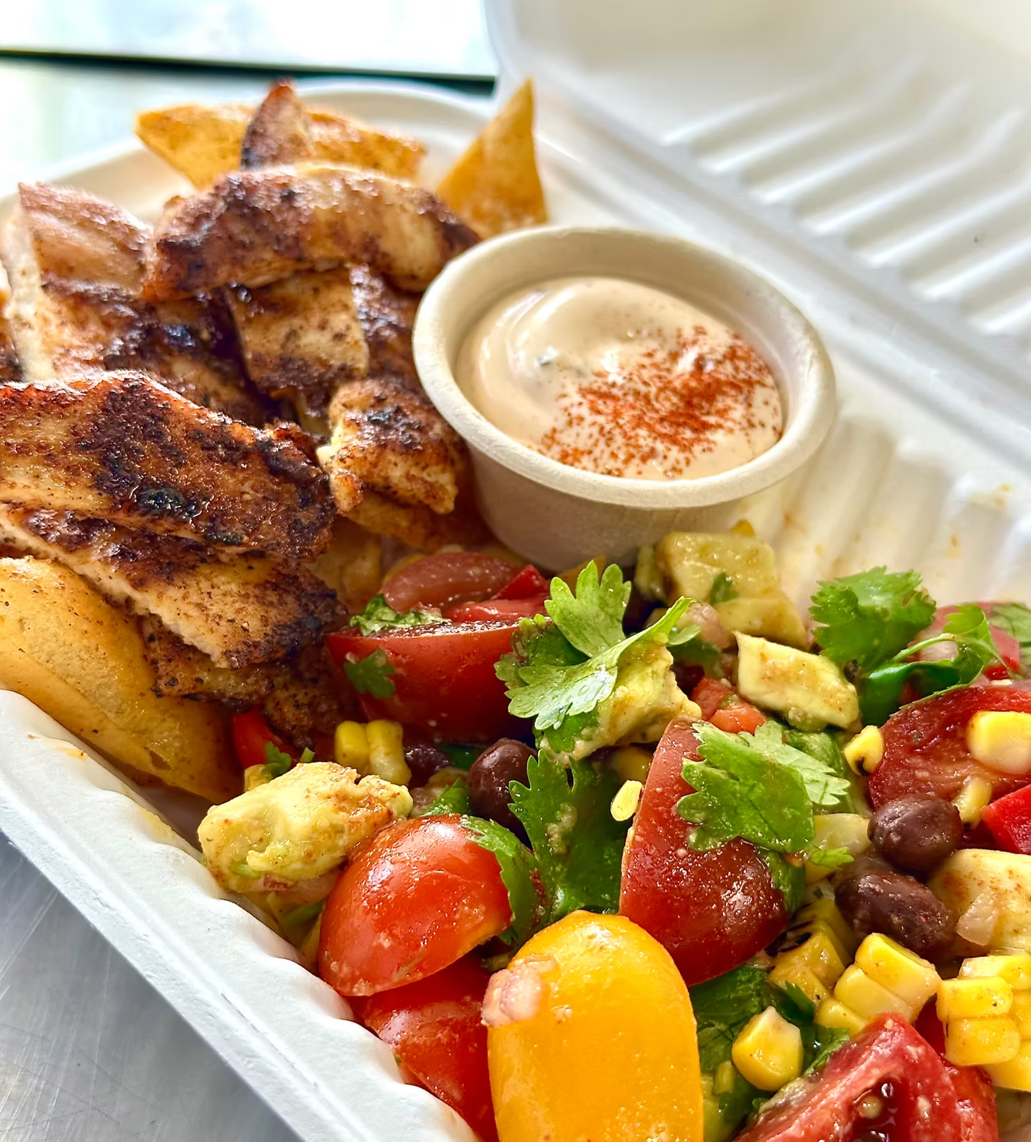MEXICAN FIESTA, GRILLED CHICKEN SALAD WITH CRUNCHY TORTILLA CHIPS